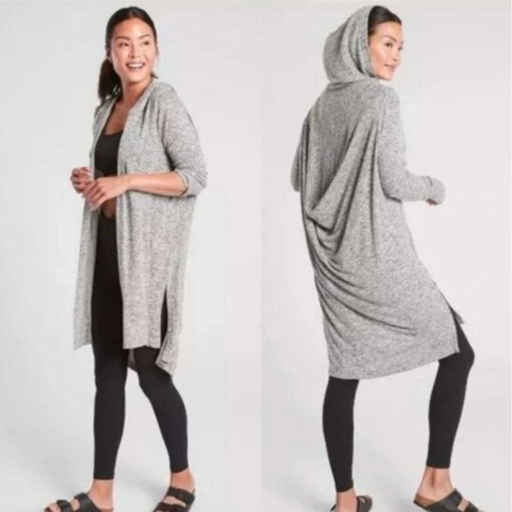 Athleta Womens Harmony Wrap Cardigan‎ Light Gray Heather Hooded Thumbhole XS